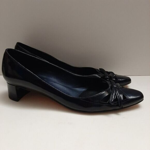 VANELI Bow & Cut-Out Low Heel Navy Blue Patent Genuine Leather Classy Pumps Sz 9 - Picture 2 of 16